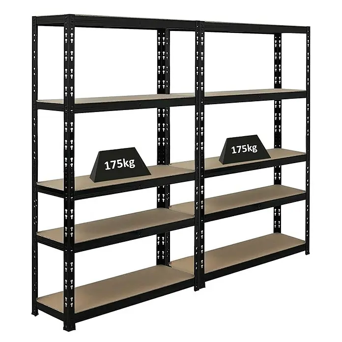 Proregal Schwerlastregal Mega Deal APOLLO - H x B x T: 150 x 90 x 30 cm, Traglast pro Boden: 175 kg, Anzahl Böden: 5 Stk., Stecken, Schwarz - Produktabbildung: Schwarzes Schwerlastregal mit robusten Einlegeböden, ideal für Lagerung und Organisation. Maximale Belastbarkeit pro Boden beträgt 175 kg.