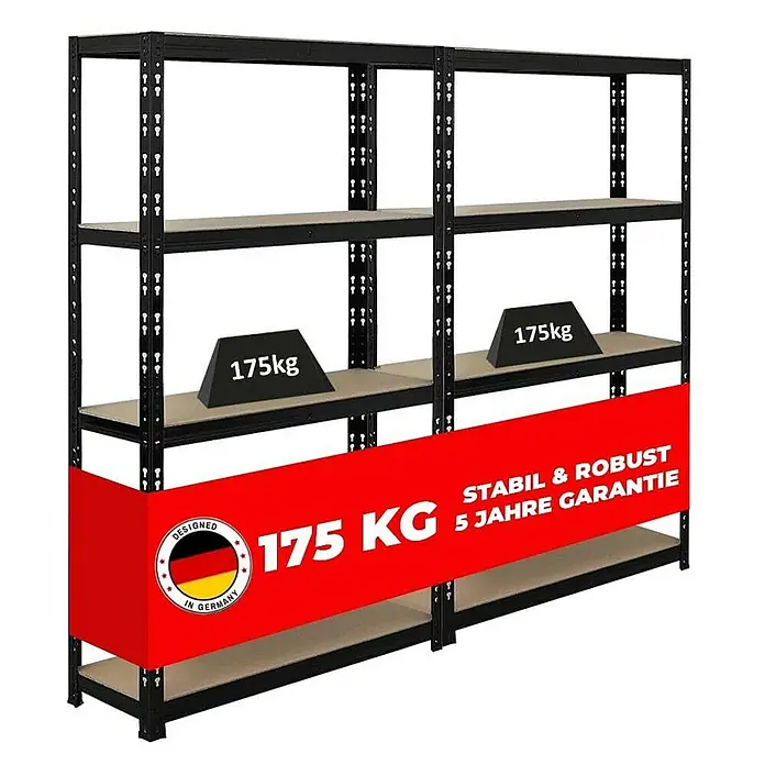 Proregal Schwerlastregal Mega Deal APOLLO - H x B x T: 150 x 90 x 30 cm, Traglast pro Boden: 175 kg, Anzahl Böden: 5 Stk., Stecken, Schwarz - Abbildung eines robusten Schwerlastregals mit Metallrahmen und Holzregalböden, ausgelegt für 175 kg Last pro Ebene.