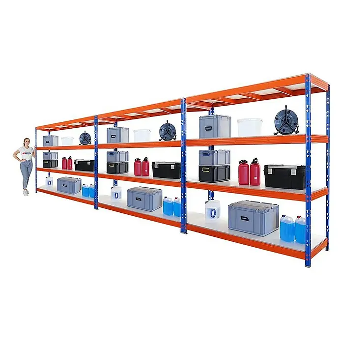 Proregal Schwerlastregal Mega Deal Profi RHINO - Traglast pro Boden: 500 kg, Anzahl Böden: 4 Stk., Stecken, Blau-Orange - Regaleinheit mit diversen Aufbewahrungsbehältern in verschiedenen Farben und Größen, ideal für Lagerung & Organisation.