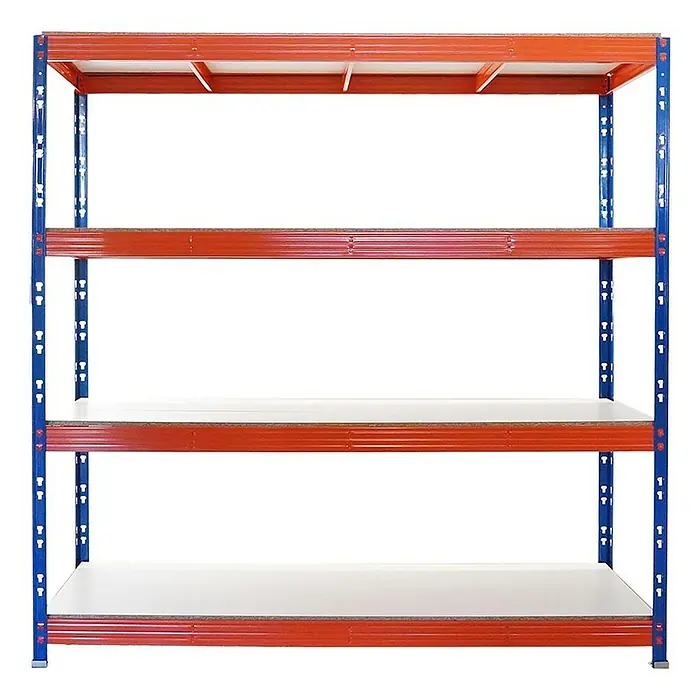 Proregal Schwerlastregal Mega Deal Profi RHINO - Traglast pro Boden: 500 kg, Anzahl Böden: 4 Stk., Stecken, Blau-Orange - Abbildung eines blauen und orangefarbenen Metallregals mit vier Regalböden, ideal für Lagerung und Organisation.