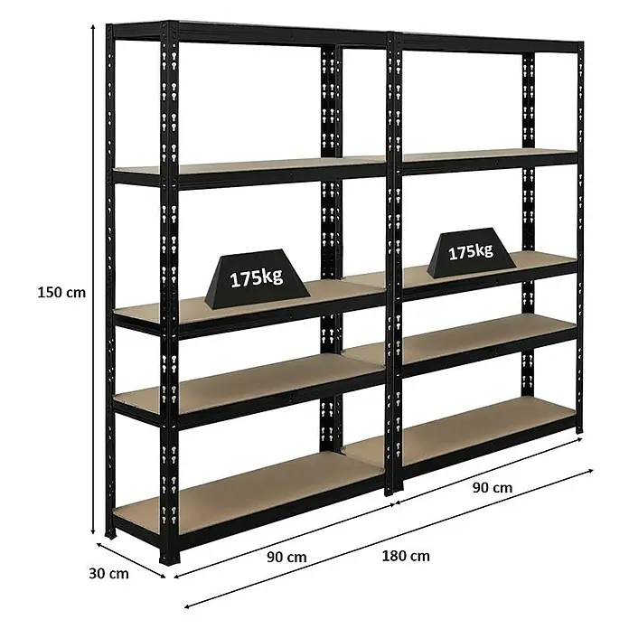 Proregal Schwerlastregal Mega Deal APOLLO - H x B x T: 150 x 90 x 30 cm, Traglast pro Boden: 175 kg, Anzahl Böden: 5 Stk., Stecken, Schwarz - Schwarzes Metallregal mit fünf Regalböden und Gewichtsangabe.
