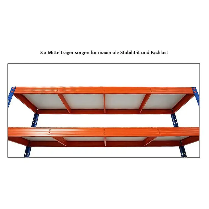 Proregal Schwerlastregal Mega Deal Profi RHINO - Traglast pro Boden: 500 kg, Anzahl Böden: 4 Stk., Stecken, Blau-Orange - Regal mit drei Mittelträgern für maximale Stabilität und Fachlast.