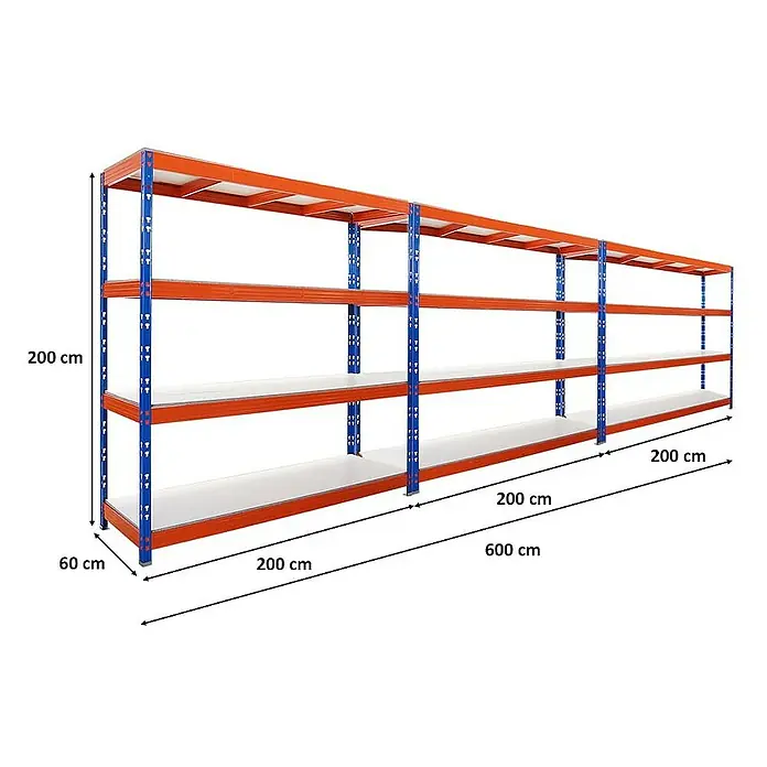 Proregal Schwerlastregal Mega Deal Profi RHINO - Traglast pro Boden: 500 kg, Anzahl Böden: 4 Stk., Stecken, Blau-Orange - Abbildung eines Metallregals mit vier Ebenen, ideal für Lagerung und Organisation mit Abmessungen versehen.