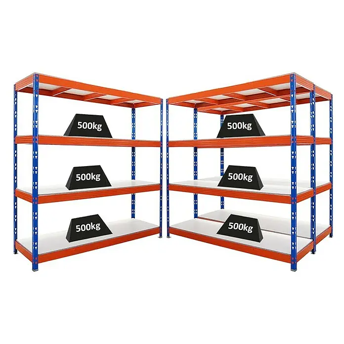 Proregal Schwerlastregal Mega Deal Profi RHINO - Traglast pro Boden: 500 kg, Anzahl Böden: 4 Stk., Stecken, Blau-Orange - Zwei Schwerlastregale mit je drei Ebenen, die mit Gewichten von 500 kg belastet sind, ideal für Lagerung und Organisation.