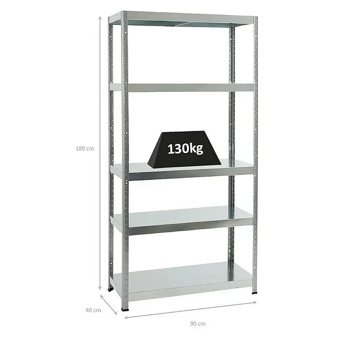 Proregal Metallregal Steel Eagle - H x B x T: 180 x 90 x 40 cm, Traglast pro Boden: 130 kg, Anzahl Böden: 5 Stk., Stecken, Verzinkt - Metallregal mit fünf Regalböden, belastet mit 130 kg, Maße 180x90x40 cm für Lager und Werkstatt.