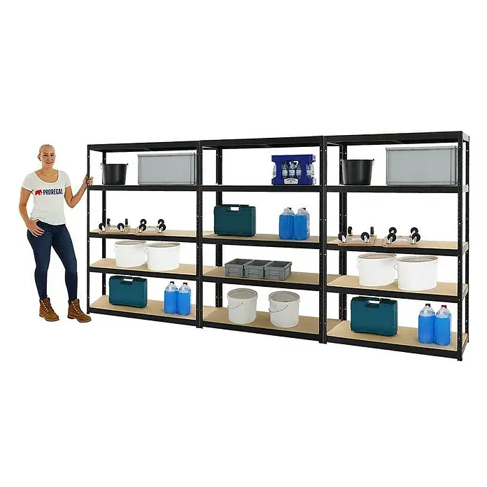 Proregal Schwerlastregal Mega Deal Big Elephant S - Traglast pro Boden: 250 kg, Anzahl Böden: 5 Stk., Stecken, Schwarz - Stabiles Regal mit vier Ebenen zur Lagerung von Werkzeugen und Behältern, ideal für Garage oder Werkstatt.