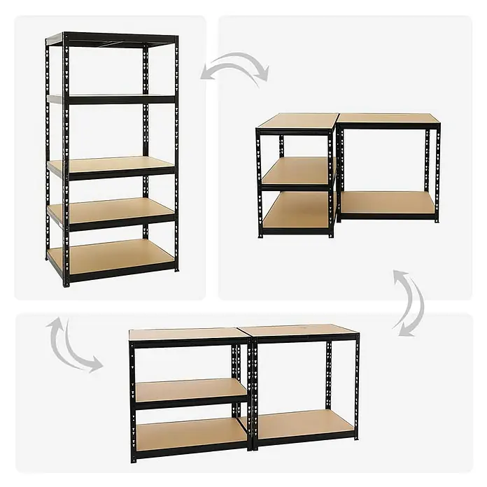 Proregal Schwerlastregal Mega Deal Tiger - Traglast pro Boden: 265 kg, Anzahl Böden: 5 Stk., Stecken, Verzinkt - Das Bild zeigt ein modulares Metallregalsystem, das in verschiedenen Konfigurationen aufgebaut werden kann, um den Stauraumbedürfnissen gerecht zu werden.