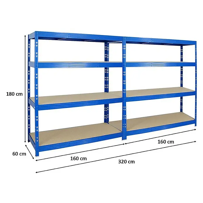 Proregal Schwerlastregal Mega Deal Profi RHINO - H x B x T: 180 x 160 x 60 cm, Traglast pro Boden: 500 kg, Anzahl Böden: 4 Stk., Stecken, Blau - Abbildung eines blauen Schwerlastregals mit vier Regalböden und den Maßen 180 cm Höhe, 60 cm Tiefe und 320 cm Länge.