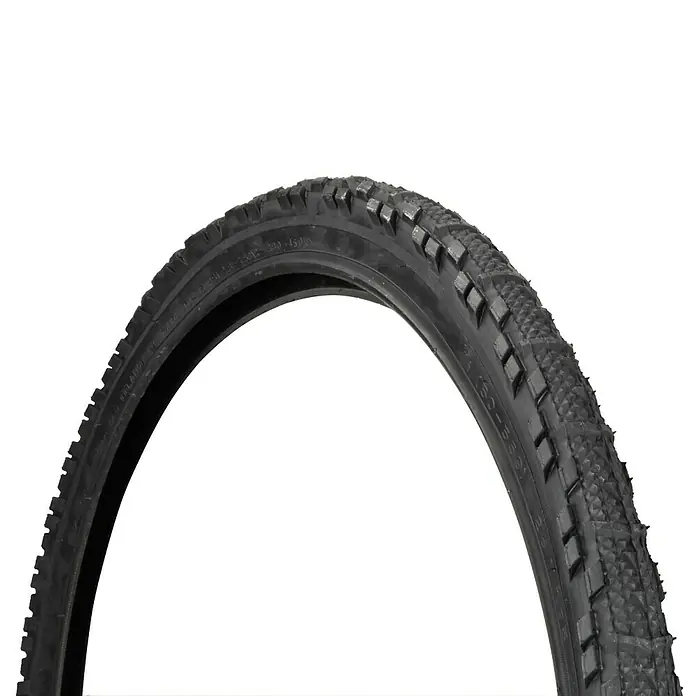 Fischer Fahrradreifen - Geeignet für: Trekkingräder, 26 ", 1,95 " - Nahaufnahme eines schwarzen Fahrradreifens mit stolligem Profil für optimalen Grip auf verschiedenen Untergründen.