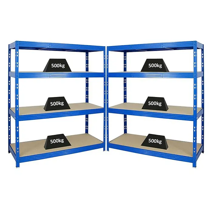 Proregal Schwerlastregal Mega Deal Profi RHINO - H x B x T: 180 x 160 x 60 cm, Traglast pro Boden: 500 kg, Anzahl Böden: 4 Stk., Stecken, Blau - Bild von zwei blauen Schwerlastregalen mit Holzablagen, wobei jede Ablage mit einem schwarzen 500kg Gewicht belastet ist.