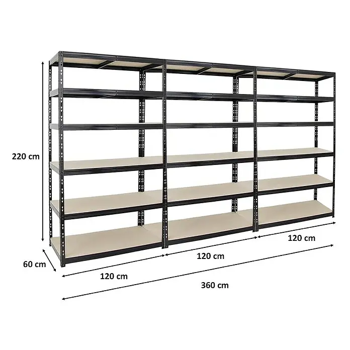 Proregal Schwerlastregal Mega Deal Giant Tiger XL - H x B x T: 220 x 120 x 60 cm, Traglast pro Boden: 265 kg, Anzahl Böden: 6 Stk., Stecken, Schwarz - Regal mit fünf Ablagen und Metallrahmen für Lagerung, 220 cm hoch, 360 cm breit und 60 cm tief. Praktische Aufbewahrungslösung.