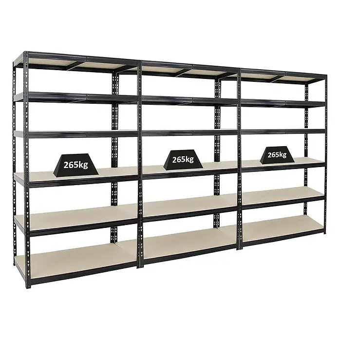 Proregal Schwerlastregal Mega Deal Giant Tiger XL - H x B x T: 220 x 120 x 60 cm, Traglast pro Boden: 265 kg, Anzahl Böden: 6 Stk., Stecken, Schwarz - Das Bild zeigt ein Schwerlastregal mit mehreren Ebenen, beladen mit Gewichten, was die Tragfähigkeit des Regals unterstreicht.