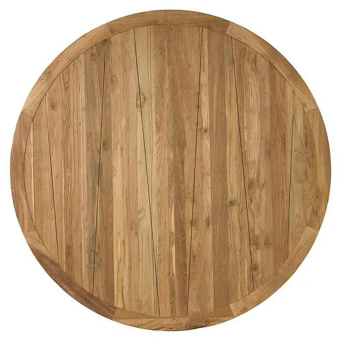 Sunfun Pauline Gartenmöbel-Set - 11 -tlg., Aluminium, Teak, Akazie, Polyrattan, Hellbraun/Anthrazit - Nahaufnahme einer runden Tischplatte aus hellem Holz mit einer markanten Maserung und einer Einfassung.