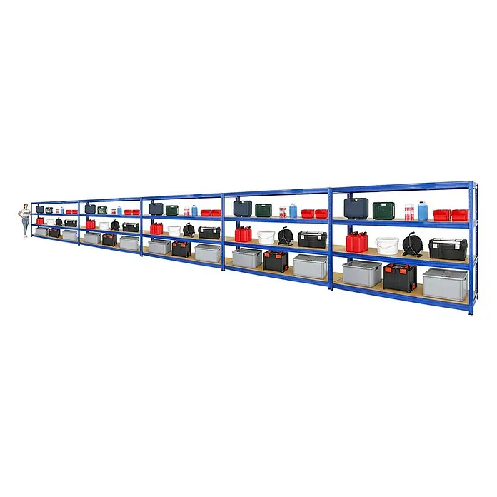 Proregal Schwerlastregal Mega Deal DINO - H x B x T: 180 x 240 x 60 cm, Traglast pro Boden: 450 kg, Anzahl Böden: 4 Stk., Stecken, Blau - Eine lange blaue Regaleinheit mit drei Ebenen voller verschiedener Gegenstände, darunter Behälter, Boxen und andere Lagerlösungen.