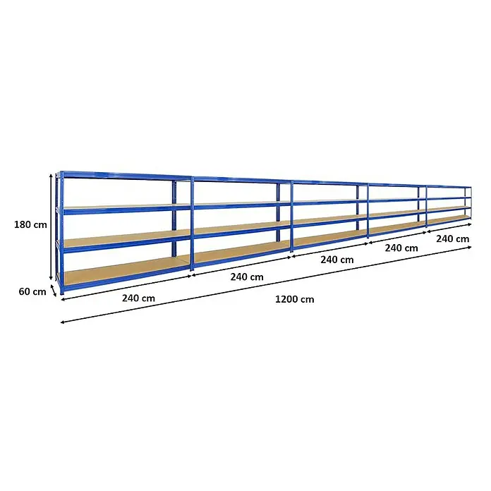 Proregal Schwerlastregal Mega Deal DINO - H x B x T: 180 x 240 x 60 cm, Traglast pro Boden: 450 kg, Anzahl Böden: 4 Stk., Stecken, Blau - Abbildung eines blauen Regalsystems mit mehreren Ebenen und den Maßen 180 cm Höhe, 60 cm Tiefe und 1200 cm Länge.