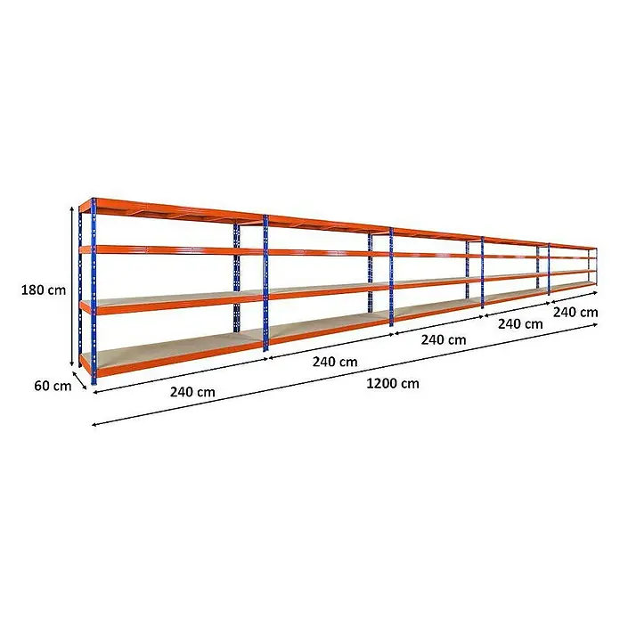 Proregal Schwerlastregal Mega Deal Profi RHINO - Traglast pro Boden: 450 kg, Anzahl Böden: 4 Stk., Stecken, Orange - Abbildung eines langen, modularen Lagerregals mit orangen Regalböden und blauen Stützen, das für industrielle Lagerzwecke geeignet ist.
