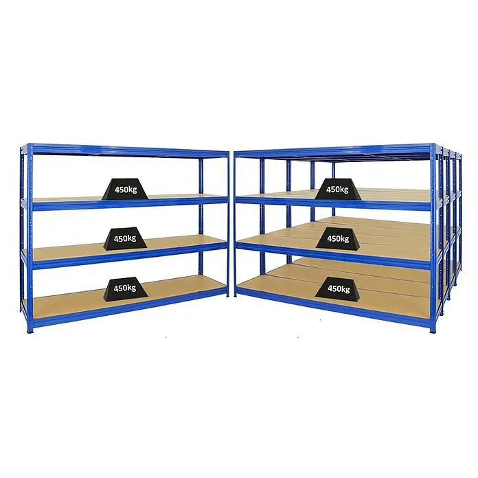 Proregal Schwerlastregal Mega Deal DINO - H x B x T: 180 x 240 x 60 cm, Traglast pro Boden: 450 kg, Anzahl Böden: 4 Stk., Stecken, Blau - Zwei blaue Schwerlastregale mit jeweils drei Regalböden, die mit Gewichten von 450 kg belastet sind, für Lager und Werkstatt.