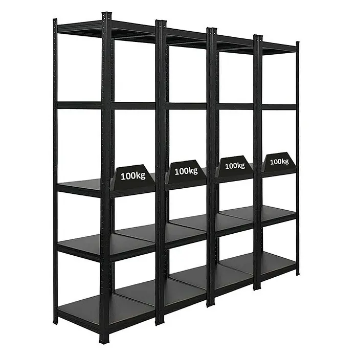 Proregal Metallregal Mega Deal All Black Series Ragnar - H x B x T: 180 x 45 x 45 cm, Traglast pro Boden: 100 kg, Anzahl Böden: 5 Stk., Stecken, Schwarz - Schwarzes Schwerlastregal mit vier Regalebenen und einer maximalen Traglast von 100 kg pro Ebene. Ideal für Lager und Werkstatt.