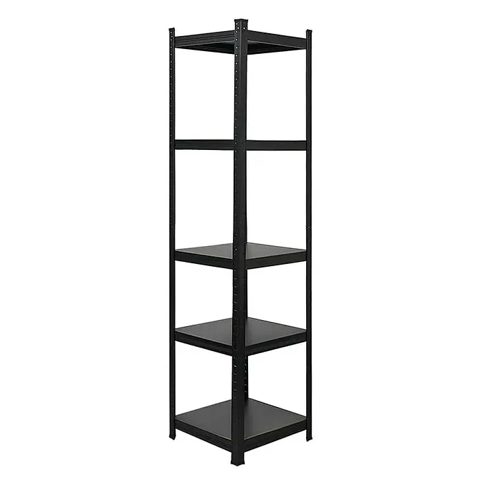 Proregal Metallregal Mega Deal All Black Series Ragnar - H x B x T: 180 x 45 x 45 cm, Traglast pro Boden: 100 kg, Anzahl Böden: 5 Stk., Stecken, Schwarz - Abgebildet ist ein schwarzes Metallregal mit fünf Ebenen, ideal für die Lagerung verschiedener Gegenstände in Garage oder Keller.