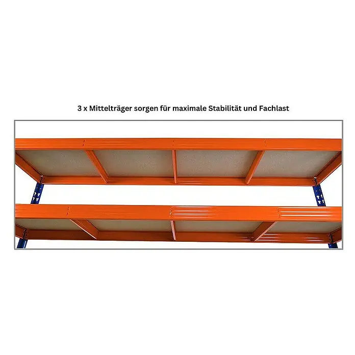 Proregal Schwerlastregal Mega Deal Profi RHINO - Traglast pro Boden: 450 kg, Anzahl Böden: 4 Stk., Stecken, Orange - Das Bild zeigt einen orangefarbenen Schwerlastregal mit drei Mittelträgern für maximale Stabilität und Fachlast.