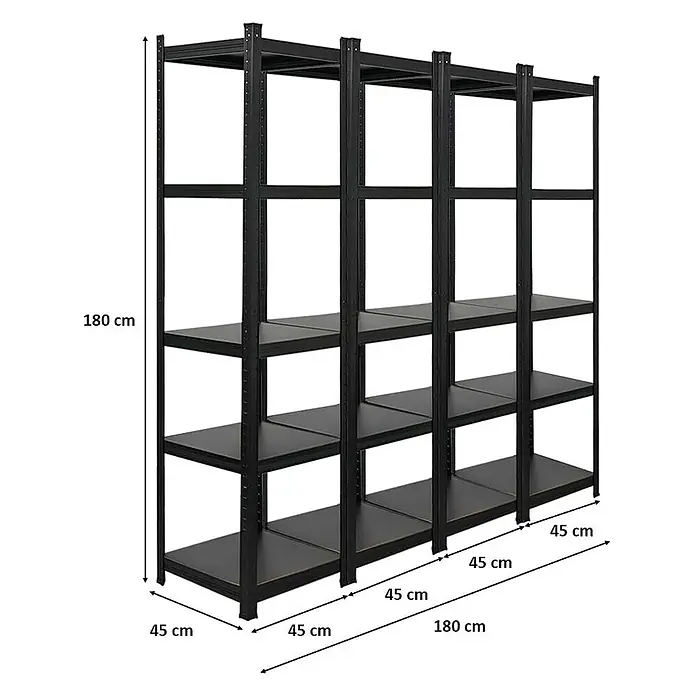 Proregal Metallregal Mega Deal All Black Series Ragnar - H x B x T: 180 x 45 x 45 cm, Traglast pro Boden: 100 kg, Anzahl Böden: 5 Stk., Stecken, Schwarz - Schwarzes Metallregal mit fünf Ebenen. Abmessungen: 180 cm hoch, 180 cm breit und 45 cm tief.