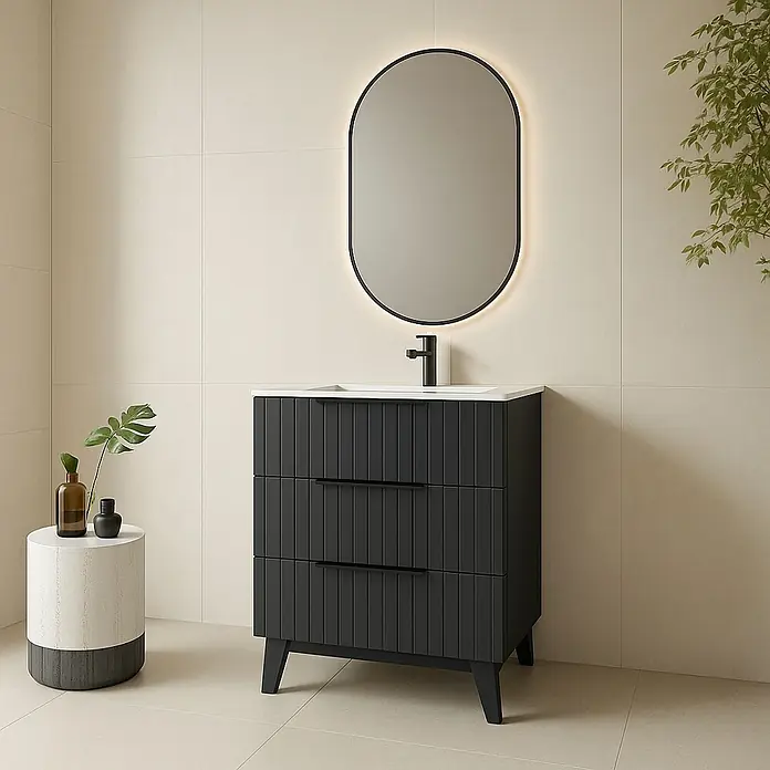Mueble bajo de lavabo Claire - L x An x Al: 45 x 60 x 81 cm, Antracita, 1 seno, empotrado, salida central, Número de cajones: 3 ud. - Elegante mueble de baño negro con espejo iluminado con LED. Un diseño moderno perfecto para baños elegantes.