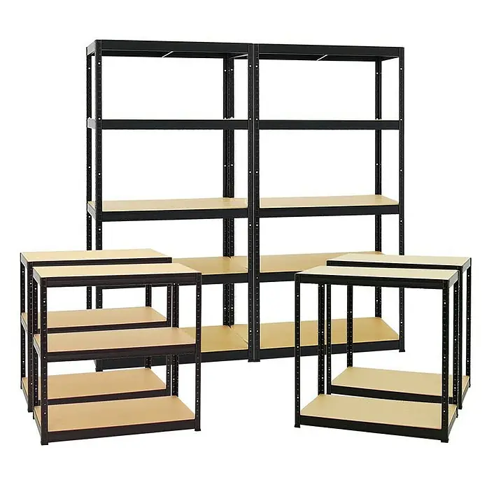 Proregal Schwerlastregal Mega Deal Slim Elephant S - Traglast pro Boden: 350 kg, Anzahl Böden: 5 Stk., Stecken, Schwarz - Abbildung zeigt ein Regal-Set mit robusten Metallrahmen und hellen Holzregalen, ideal für Lagerung und Organisation.
