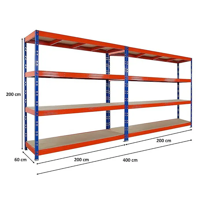 Proregal Schwerlastregal Mega Deal Profi RHINO - Traglast pro Boden: 500 kg, Anzahl Böden: 4 Stk., Stecken, Blau-Orange - Abbildung eines großen, mehrstöckigen Lagerregals mit blauem Gestell und orangefarbenen Regalböden.