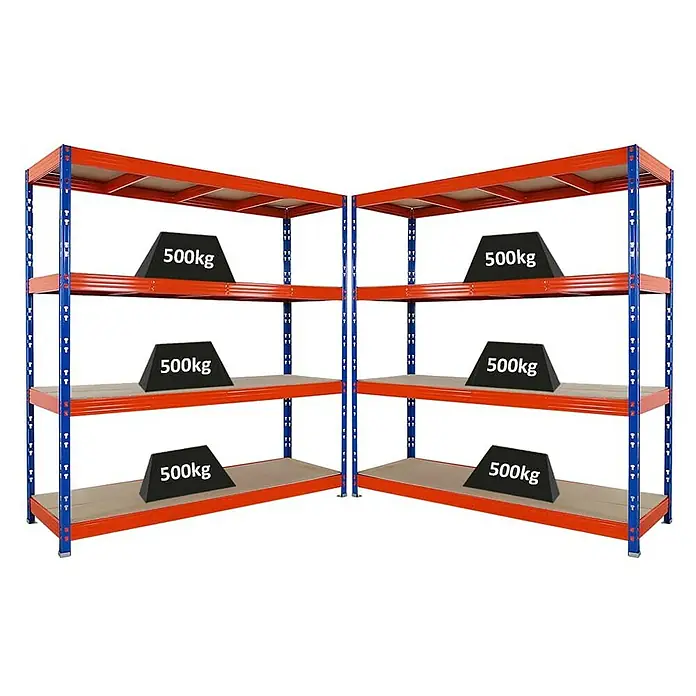 Proregal Schwerlastregal Mega Deal Profi RHINO - Traglast pro Boden: 500 kg, Anzahl Böden: 4 Stk., Stecken, Blau-Orange - Zwei Schwerlastregale in Orange und Blau mit jeweils vier Regalböden, beladen mit je 500 kg Gewichten.