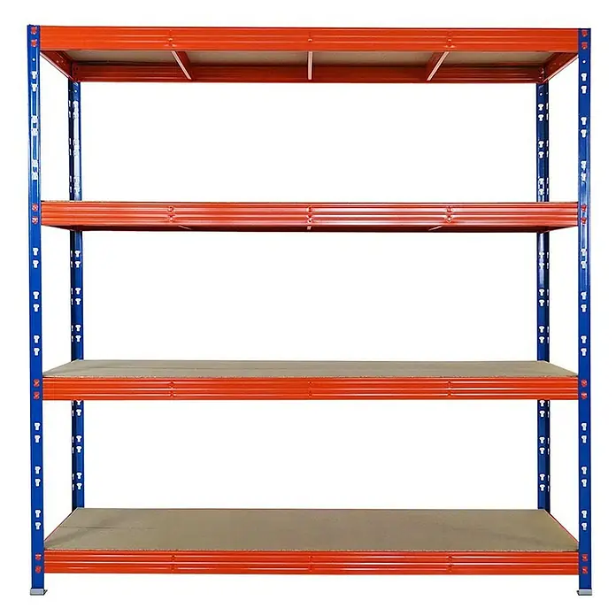 Proregal Schwerlastregal Mega Deal Profi RHINO - Traglast pro Boden: 500 kg, Anzahl Böden: 4 Stk., Stecken, Blau-Orange - Ein robustes Metallregal mit vier Ebenen, ideal für Lagerung und Organisation in Werkstatt oder Garage.