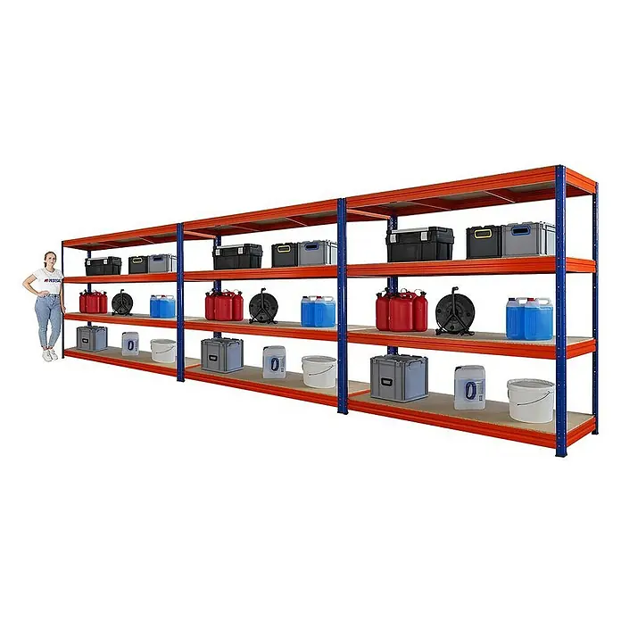 Proregal Schwerlastregal Mega Deal DINO - H x B x T: 180 x 200 x 60 cm, Traglast pro Boden: 500 kg, Anzahl Böden: 4 Stk., Stecken, Blau-Orange - Regaleinheit mit drei Ebenen und verschiedenen Behältern zur Aufbewahrung, ideal für Garage oder Lagerraum.