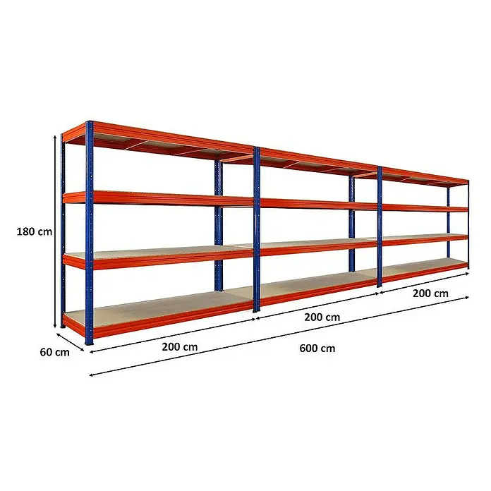Proregal Schwerlastregal Mega Deal DINO - H x B x T: 180 x 200 x 60 cm, Traglast pro Boden: 500 kg, Anzahl Böden: 4 Stk., Stecken, Blau-Orange - Abbildung eines orange-blauen Schwerlastregals mit vier Regalböden und den Maßen 180 x 60 x 600 cm.