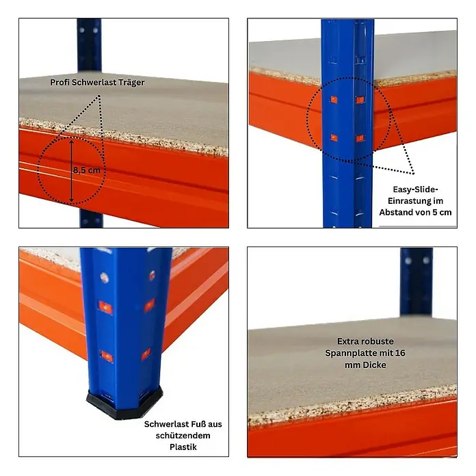 Proregal Schwerlastregal Mega Deal DINO - H x B x T: 180 x 200 x 60 cm, Traglast pro Boden: 500 kg, Anzahl Böden: 4 Stk., Stecken, Blau-Orange - Schwerlastregal Details: Profi-Träger (8,5 cm), Easy-Slide-Einrastung (5 cm Abstand), robuste Platte (16 mm), schützender Kunststofffuß.