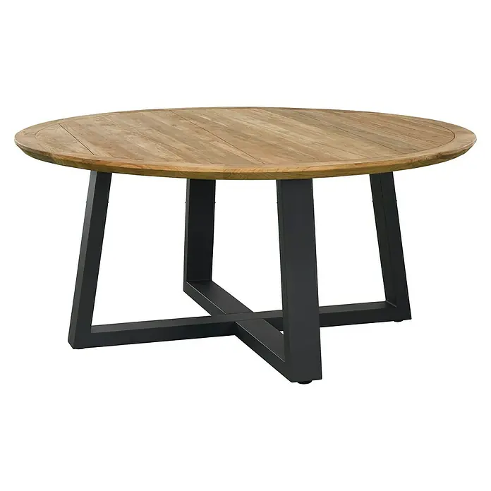Sunfun Gartenmöbel-Set Pauline - 7 -tlg., Teak, Aluminium, Polyrattan, Akazie, Naturbraun/Hellbraun - Runder Esstisch mit einer Tischplatte aus Holz und einem stabilen, modernen Untergestell aus dunklem Metall.