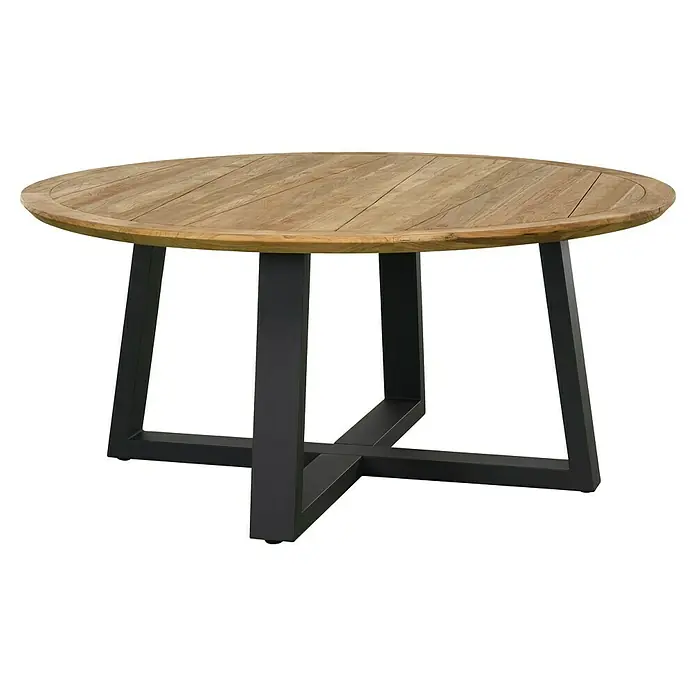 Sunfun Tischbein-Set High-Dining - für Tischplatte ⌀ 150 cm, Höhe: 72 cm, Aluminium, Anthrazit - Dieser Esstisch besticht durch eine runde, hölzerne Tischplatte und ein markantes, dunkelgraues Metallgestell. Ideal für stilvolle Essbereiche.