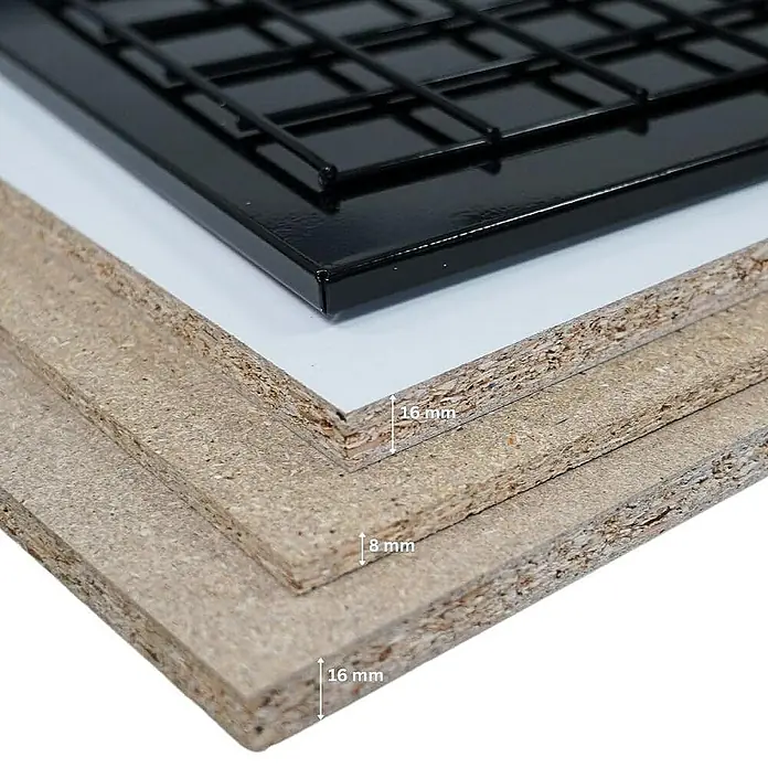 Proregal Schwerlastregal Mega Deal Profi RHINO - Traglast pro Boden: 500 kg, Anzahl Böden: 4 Stk., Stecken, Schwarz - Detailaufnahme von Holzplatten in verschiedenen Stärken, kombiniert mit einem schwarzen Metallgitter.