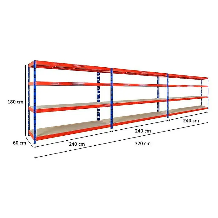 Proregal Schwerlastregal Mega Deal Profi RHINO - H x B x T: 180 x 240 x 60 cm, Traglast pro Boden: 450 kg, Anzahl Böden: 4 Stk., Stecken, Orange - Regal mit vier Ebenen und einer Höhe von 180 cm, einer Breite von 60 cm und einer Länge von 720 cm, ideal für Lagerung.