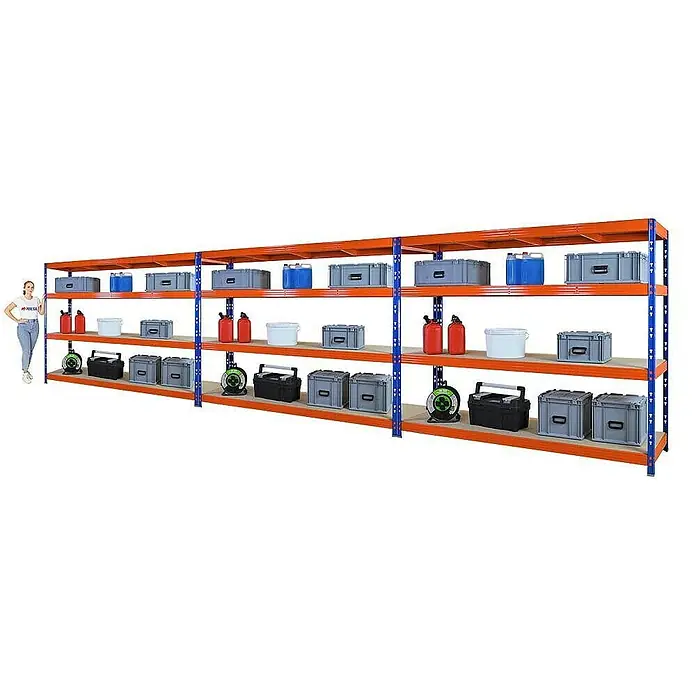 Proregal Schwerlastregal Mega Deal Profi RHINO - H x B x T: 180 x 240 x 60 cm, Traglast pro Boden: 450 kg, Anzahl Böden: 4 Stk., Stecken, Orange - Langes orangefarbenes Schwerlastregal mit vier Ebenen, das mit verschiedenen Behältern und Vorräten gefüllt ist, ideal für die Lagerung.