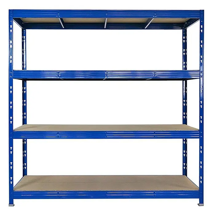 Proregal Schwerlastregal Mega Deal Profi RHINO - Traglast pro Boden: 500 kg, Anzahl Böden: 4 Stk., Stecken, Schwarz - Abgebildete blau lackierte Regaleinheit mit vier Regalen. Ideale Lagerlösung für Werkstatt, Garage oder Keller.