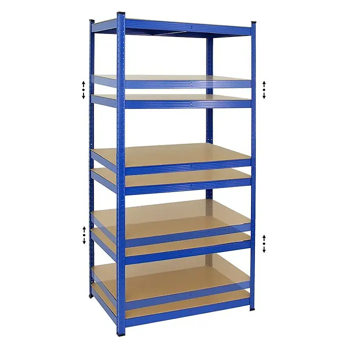 Proregal Schwerlastregal Mega Deal TAURUS - H x B x T: 180 x 90 x 60 cm, Traglast pro Boden: 175 kg, Anzahl Böden: 5 Stk., Stecken, Blau - Ein blaues Schwerlastregal mit fünf Regalböden für Lagerung und Organisation in Werkstatt oder Garage.