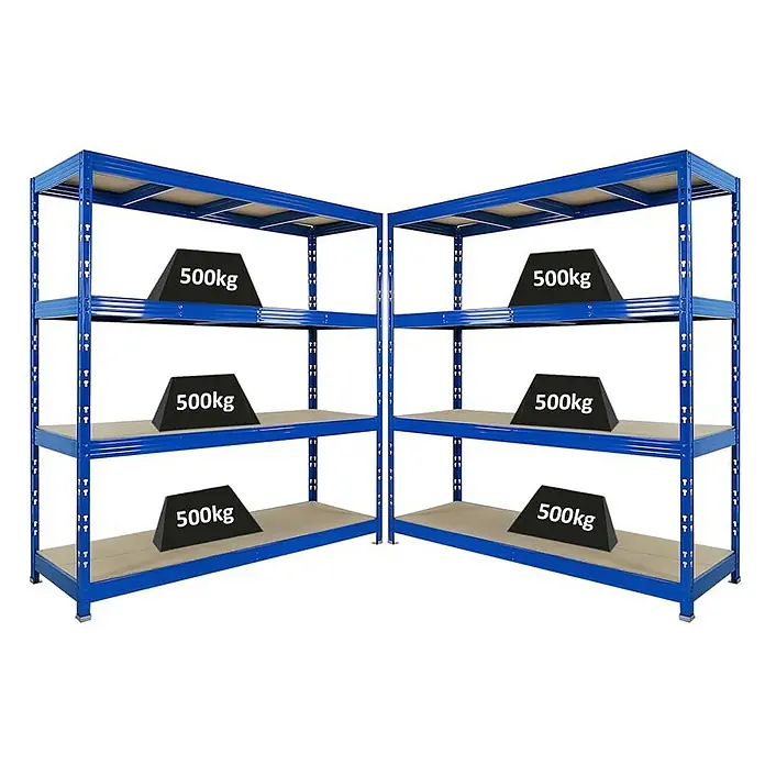 Proregal Schwerlastregal Mega Deal Profi RHINO - Traglast pro Boden: 500 kg, Anzahl Böden: 4 Stk., Stecken, Schwarz - Zwei blaue Metallregale mit Holzregalböden und Gewichten von 500 kg auf jeder Ebene.