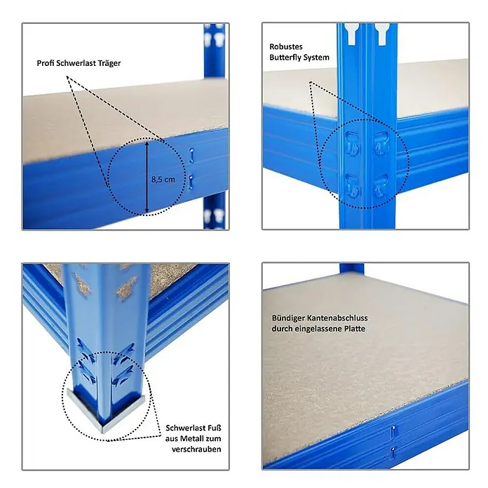 Proregal Schwerlastregal Mega Deal Profi RHINO - Traglast pro Boden: 500 kg, Anzahl Böden: 4 Stk., Stecken, Schwarz - Detailansichten eines blauen Schwerlastregals mit robustem Butterfly System, Metallfüßen und bündigem Kantenabschluss.