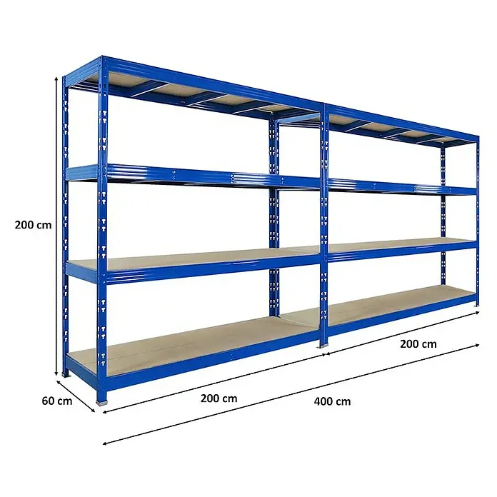 Proregal Schwerlastregal Mega Deal Profi RHINO - Traglast pro Boden: 500 kg, Anzahl Böden: 4 Stk., Stecken, Schwarz - Blaues Lagerregal mit vier Ebenen und den Maßen 200x60x200 cm (einzeln) bzw. 400x60x200 cm (doppelt).