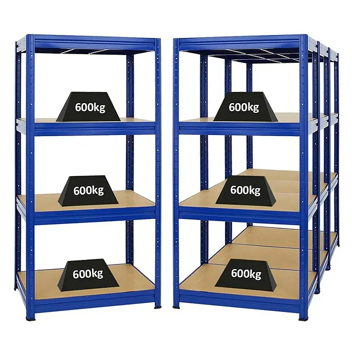 Proregal Schwerlastregal Mega Deal DINO - H x B x T: 180 x 90 x 60 cm, Traglast pro Boden: 600 kg, Anzahl Böden: 4 Stk., Stecken, Blau - Zwei blaue Schwerlastregale mit Holzregalböden, jeweils mit Gewichten von 600kg belastet, ideal für Lagerung und Ordnung.