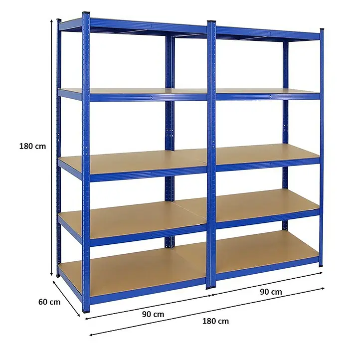 Proregal Schwerlastregal Mega Deal TAURUS 2 Stück - Traglast pro Boden: 175 kg, Anzahl Böden: 5 Stk., Stecken, Blau - Regal mit fünf Ablagen aus blauem Metall und braunen Einlegeböden, Maße 180x180x60cm.