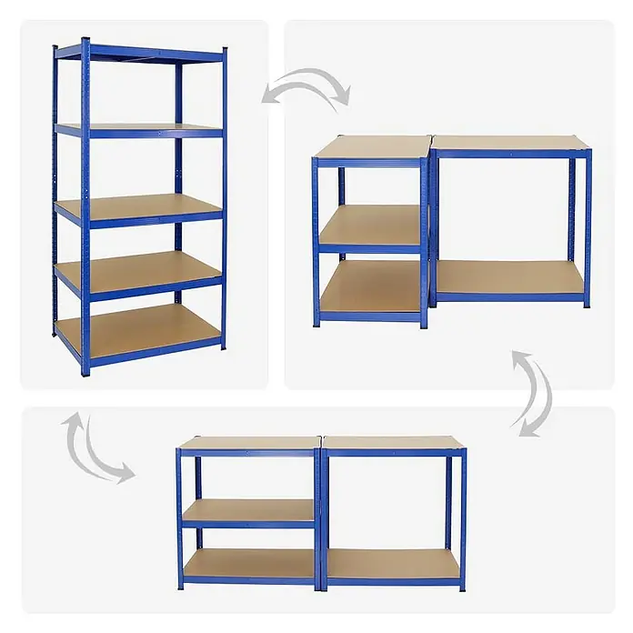 Proregal Schwerlastregal Mega Deal TAURUS - H x B x T: 180 x 90 x 60 cm, Traglast pro Boden: 175 kg, Anzahl Böden: 5 Stk., Stecken, Blau - Bild einer Regalverwandlung: Vom hohen Regal zum modularen System mit zwei niedrigen Einheiten.