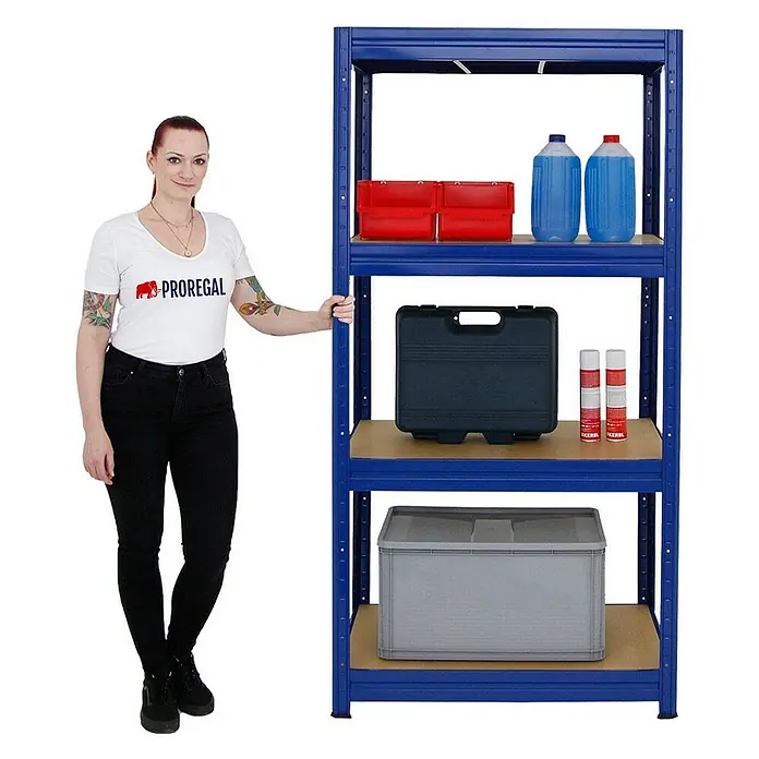 Proregal Schwerlastregal Mega Deal DINO - H x B x T: 180 x 90 x 60 cm, Traglast pro Boden: 600 kg, Anzahl Böden: 4 Stk., Stecken, Blau - Eine Frau steht neben einem blauen Regal mit mehreren Ablagen, die mit verschiedenen Gegenständen gefüllt sind.