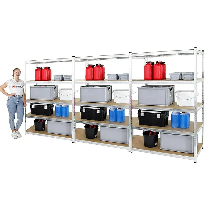 Proregal Schwerlastregal Mega Deal Ragnar - Traglast pro Boden: 175 kg, Anzahl Böden: 5 Stk., Stecken, Verzinkt - Regalsystem mit fünf Ebenen und diversen Aufbewahrungsboxen, Kanistern und Eimern, ideal für Garage oder Keller.