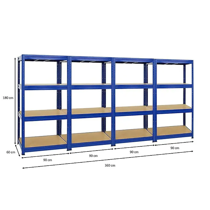 Proregal Schwerlastregal Mega Deal DINO - H x B x T: 180 x 90 x 60 cm, Traglast pro Boden: 600 kg, Anzahl Böden: 4 Stk., Stecken, Blau - Blaues Metallregalsystem mit vier Ebenen und Maßangaben für Höhe und Breite. Praktische Lagerlösung.