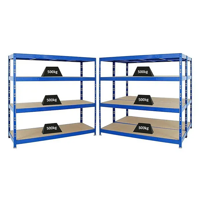 Proregal Schwerlastregal Mega Deal Profi RHINO - Traglast pro Boden: 500 kg, Anzahl Böden: 4 Stk., Stecken, Blau - Zwei blaue Schwerlast-Metallregale mit drei Ablagen, jeweils 500kg Gewichte tragend.